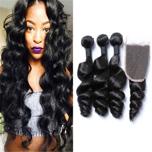 Malaysian Hair Loose Wave With Closure Curly Weave Human Hair 3 Bundles With Lace Closure Malaysian Loose Wave Hair 4Pcs Lot