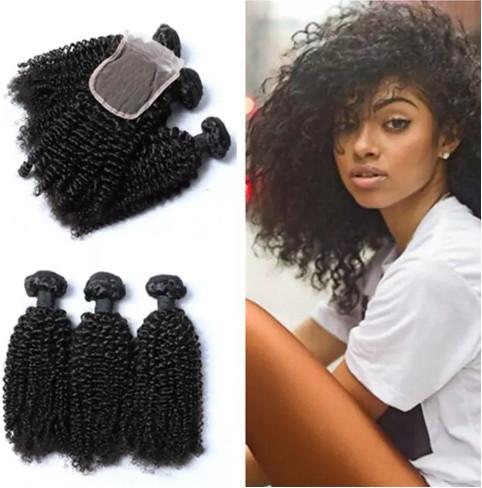 Cheap 8A Virgin Mongolian Kinky Curly Hair With Closure Bleached Knots 100% Afro Kinky Curly Human Virgin Hair Bundles With Closure