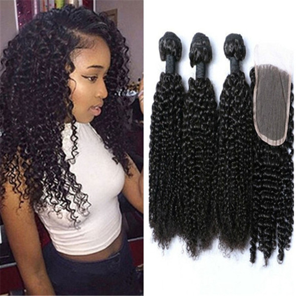 Cambodian Curly Hair Weave With Closure 3 Bundles Unprocessed 8A Cambodian Kinky Curly Human Hair And Top Lace Closures Natural Color