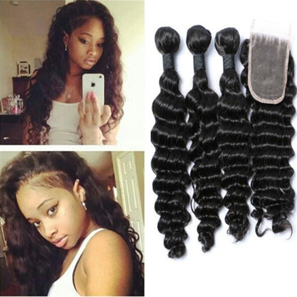 Peruvian Deep Wave Human Hair Weaves 3 Bundles with Closure Free Part Double Weft Dyeable Bleachable 100g pc