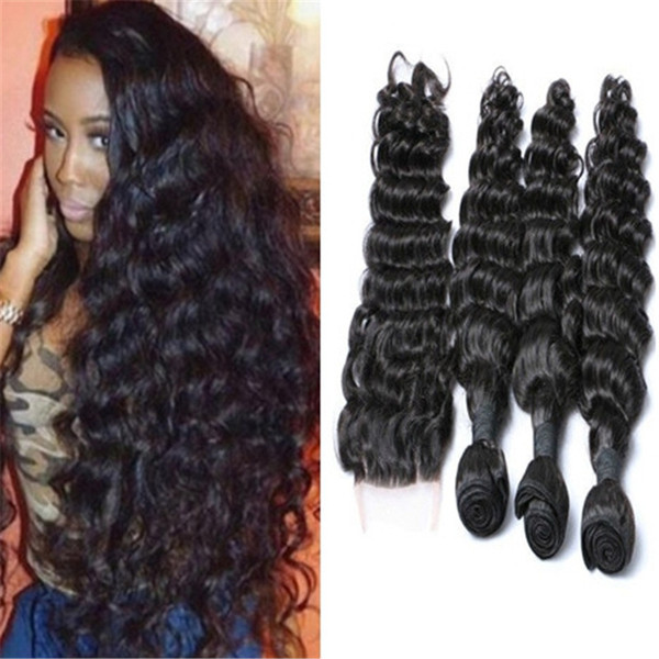 8A Hair Weaves with Closure Brazilian Human Hair Weft With Top Lace Closure Black Deep Wave Hair Bundles