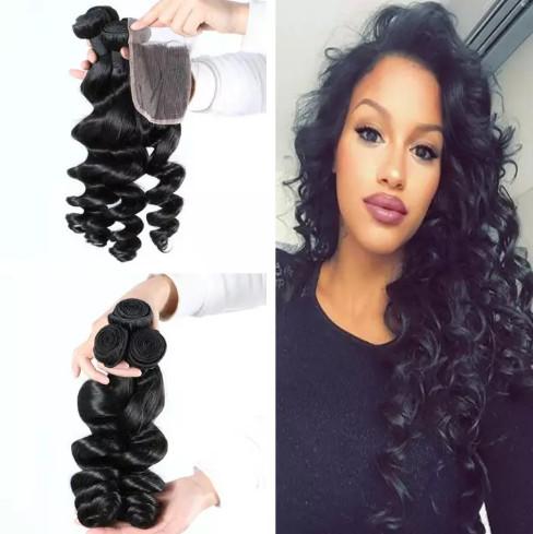 8A Brazilian Loose Wave Hair Weaves 3 Bundles with Closure Free Part Double Weft Human Hair Extensions Dyeable Human Hair Weave