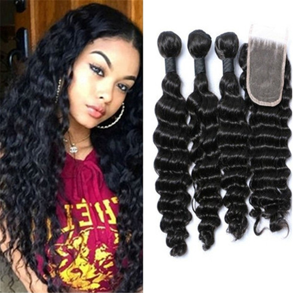 3Pcs Brazilian Virgin Hair With Closure Deep Wave Cheap Human Hair Bundles With Lace Closure Free Parting