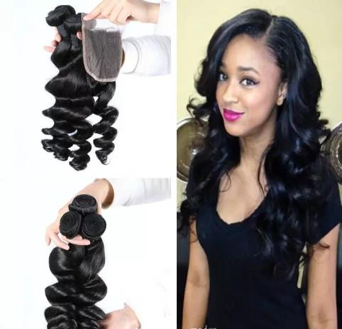 Malaysian Weave Wholesale Loose Curl human hair bundle with lace closure 1 PC Malaysian Loose Wave Closure With 3 Bundles Hair Weaves