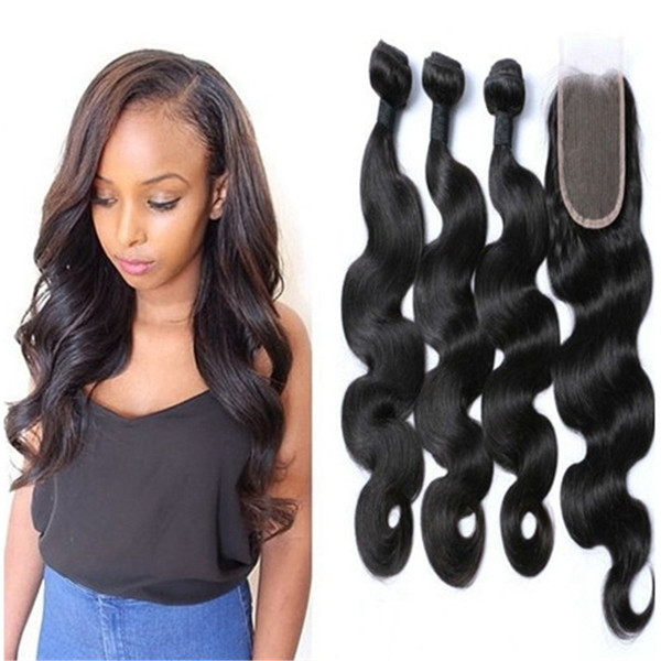 Malaysian Body Wave With Lace Closure Free Middle Or 3 Ways Part 100% Unprocessed Brazilian Peruvian Virgin Human Hair Weave