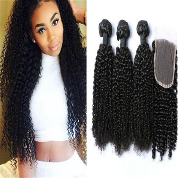 8A Afro kinky Curly Human Hair lace Closure With 3 Bundles Kinky Curly Human Hair Weave 4pcs lot Curly Human Hair With Closure