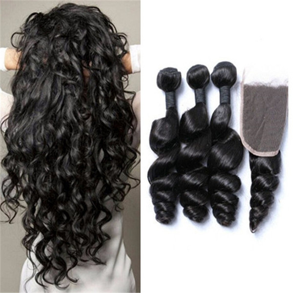 Indian Loose Wave Hair Weaves With Closure 3Bundles Unprocessed 8A Indian Loose Curly Human Hair And Top Lace Closure Free Part