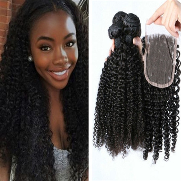 4Pcs Lot Brazilian Curly Virgin Hair With Closure Grade 8A Unprocessed Brazilian Kinky Curly Virgin Hair Weave Bundles And Top Lace Closures