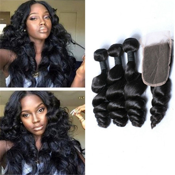 Grade 8A Indian Virgin Hair weft With Closure Loose Wave Swiss Base Lace Closure With Hair Bundles 4pcs lote Fast Delivery