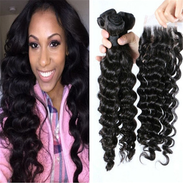 Bundles with Closures Lace Closure with 3 Bundles Human Hair Weft 8A Brazilian Peruvian Indian Malaysian Hair Deep Wave