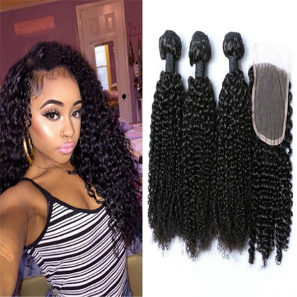 Hair Closure With Bundles Kinky Curly Hair Malaysian Virgin Human Hair Weaves Closure(4x4) Natural Color Bundles 8A