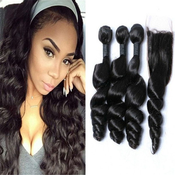 Loose Wave Bundles with Closure Brazilian Human Hair Weaves Unprocessed Virgin Human Hair Bundles With Top Lace Clsoure 