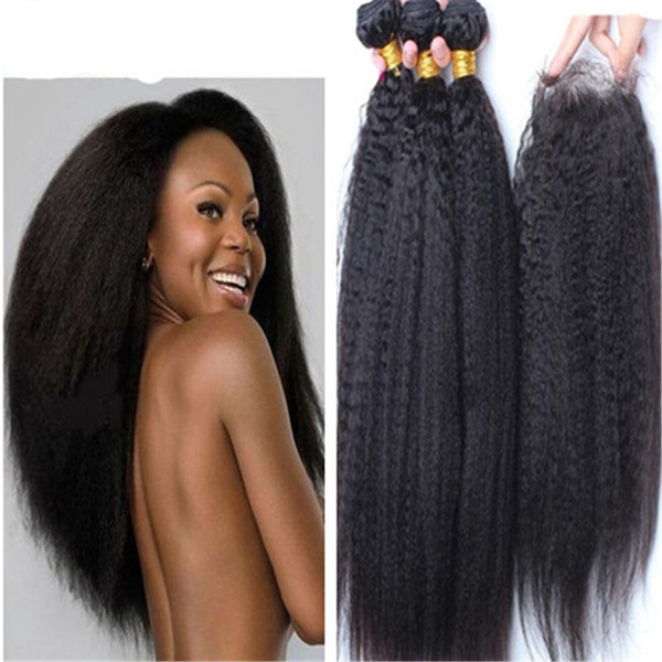 8A Virgin Brazilian Kinky Straight Hair With Closure,Afro Kinky Straight Human Hair Weave Bundles With Top Lace Closure Coarse Italian Yaki