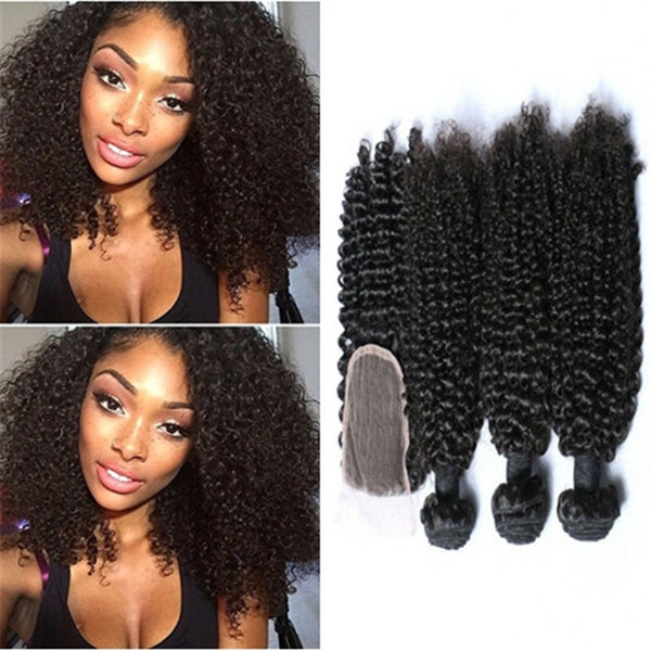 Lace Closure With Bundles Virgin Brazilian Hair Wefts 3pcs Kinky Curly Hair Weaves Natural Color 8A