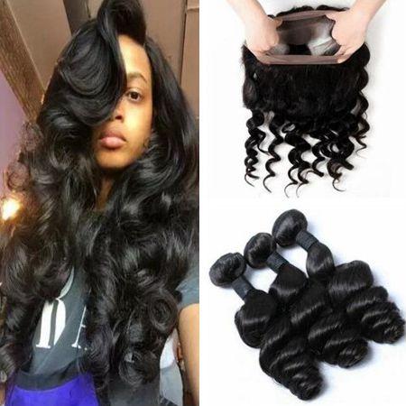 3Pcs Loose Wave Brazilian Virgin Hair Bundles with 360 Lace Frontal Closure 22*4*2inch Natural Black 100% Human Hair Extensions