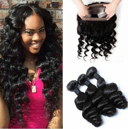 Pre Plucked 360 Lace Frontal Closure With Bundles 9A Brazilian Loose Wave Virgin Human Hair Weave With Full Lace Closure