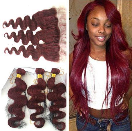 Wine Red 99J Body Wave Hair Bundles with Lace Frontal Closure Brazilian Burgundy Virgin Human Hair Weaves with Full Lace Frontal