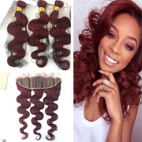 Brazilian 99j Human Hair Bundles With Lace Frontal Closure 9A Wine Red Body Wave Human Hair Weave Burgundy Bundles With 13x4 Full Frontals