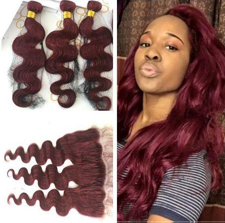 99J Burgundy Human Hair Weft Bundles With Full Frontal Wine Red 99j Hair Weaves With Lace Frontal Closure