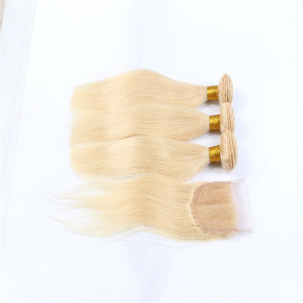 cheap Brazilian Weave Bundles Unprocessed 613 blonde Virgin Hair Straight Human Hair Extensions with top lace closure 4bundles 