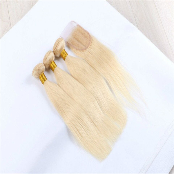 Blond Hair Extensions Blonde Virgin Human Hair 3Pcs With Closure Brazilian Straight Hair Bundles