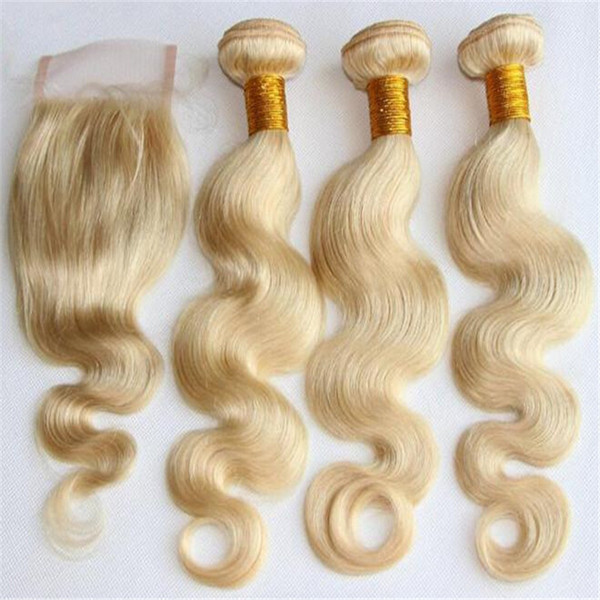 Color 613 blonde brazilian Virgin Body Wave hair Human Hair bundles with top lace closure 3bundles with closure 