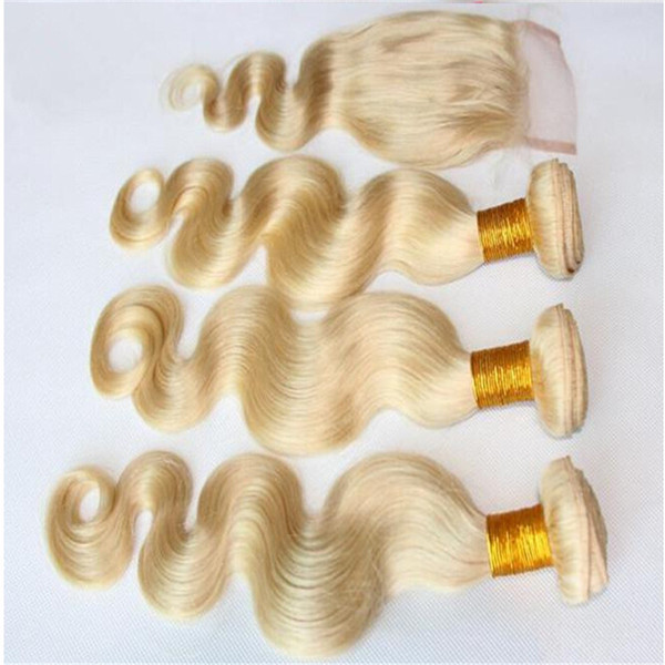 Brazilian Honey Blonde Hair 3Bundles With 1Pc Body Wave 4x4 Lace Closure 4Pcs Lot Virgin Brazilian Body Wavy Blonde Human Hair With Closure