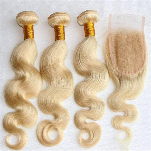 8A 1B Brazilian Hair Bundles With Lace Closure Blonde Hair Weave With Closure Body Wave 4Pcs Lot