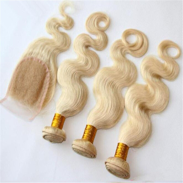 8A Grade Brazilian Malaysian Russian #613 Blonde Color Human Hair Products 3 bundles hair weaving with 1 piece lace closure