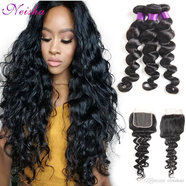 Brazilian Virgin Hair Weave 3 Bundles With Top Lace Closure Loose Wave 8A Unprocessed Virgin Brazilian Human Hair Extensions With Closure