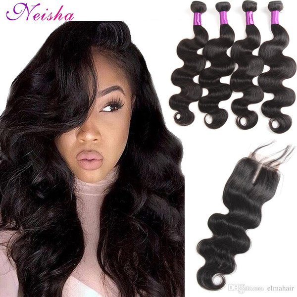 8A Brazilian Hair 3 / 4 Bundles With Closure Double Weft Human Hair Extensions Dyeable Brazilian Hair Weaves Body Wave Wavy With 4x4 Closure