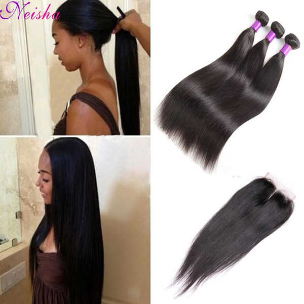 8A Brazilian Straight Human Hair Bundles With Closure Brazilian Human Hair With 4x4 Lace Closure Unprocessed Virgin Hair Weaves Wholesale