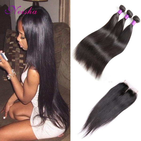 Brazilian Straight Virgin Hair 3 Bundles With Lace Closure 8A Grade Unprocessed Malaysian Peruvian Indian Remy Human Hair Weave With Closure