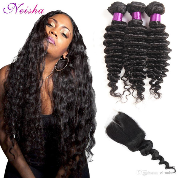 8A Indian Hair Bundles With Closure 8-28 Double Weft Human Hair Extensions Dyeable Hair Weaves Deep Wave Wavy With Lace Closure Drop