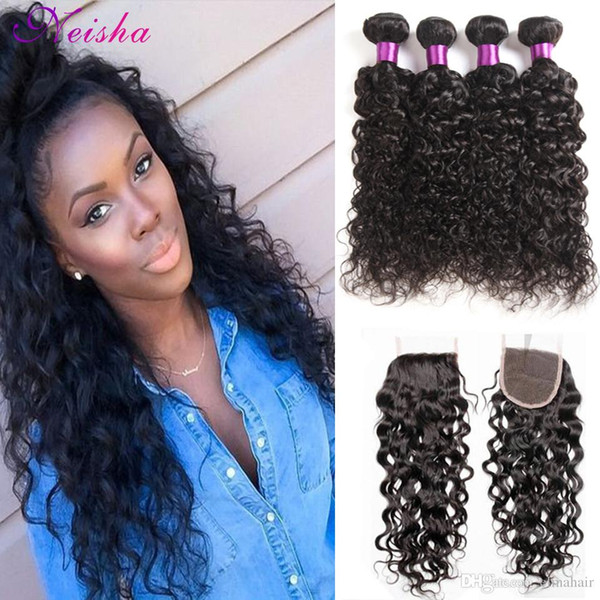 Human Hair 8A Peruvian Water Wave 3 4 Bundles With 4x4 Lace Closure 100% Unprocessed Virgin Human Hair Extension With Closure Bleached Knots