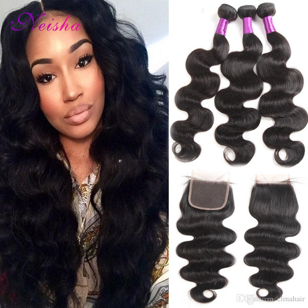 Grade 8A Peruvian Virgin Hair 3 Bundles With Closure Unprocessed Human Hair weave Bundles Body Wave With 4x4 Lace Closure Bleached Knots