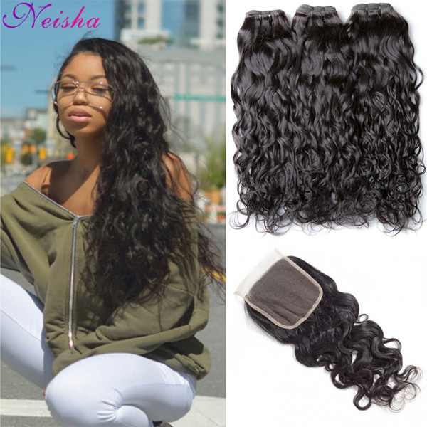 8A Peruvian Water Wave Hair With Closure Wet and Wavy Virgin Human Hair Weave 3 Bundles With 4x4 Lace Closure Peruvian Closure With Bundles