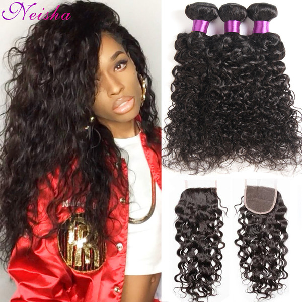 Neisha Lace Closure With Bundles Wet And Wavy Unprocessed Virgin Human Hair Weave Mink Brazilian Water Wave Hair 3 Bundles With 4x4 Closure
