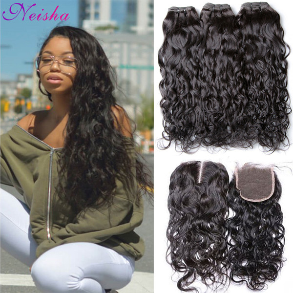 Indian Water Wave With Lace Closure Unprocessed Indian Virgin Hair 3 Bundles With Closure Wet And Wavy Indian Virgin Human Hair Weave Neisha