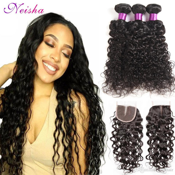 7A Brazilian Water Wave Hair Bundles With 4x4 Closure Unprocessed Peruvian Malaysian Indian Virgin Human Hair Water Wave With Lace Closure