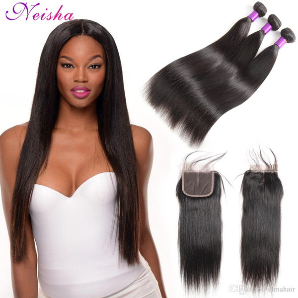 Brazilian Straight Hair Weave 3 Bundles With Lace Closure Unprocessed Malaysian Peruvian Brazilian Virgin Human Hair Extensions Remy Hair