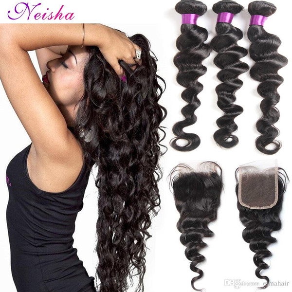 8A Brazilian Loose Wave Hair Bundles With Closure Peruvian Malaysian Indian Human Hair Extensions Loose Wave With 4x4 Lace Closure Wholesale