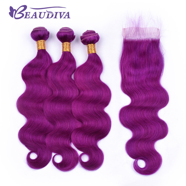 Beau Diva Pre Colored Purple Hair Bundles With Lace Closure Body Wave Remy Brazilian Human Hair Bundles With Closure