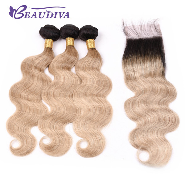 Beau Diva Pre Colored TB/27 Blonde Brazilian Virgin Human Hair Bundles With Closure Straight 100% Ombre Hair Bundles With Closure 4*4 Remy