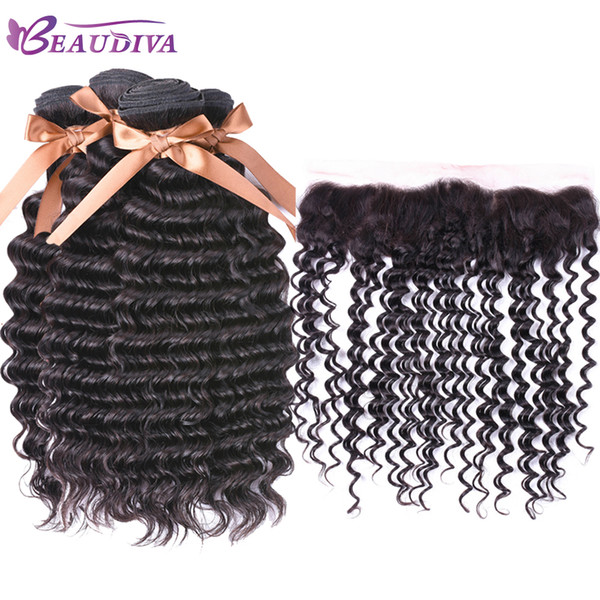 Beau Diva Peruvian Virgin Deep Wave 4 Bundles with Closure Unprocessed Human Hair with 13*4 Lace frontal Free Part Natural Color 1B