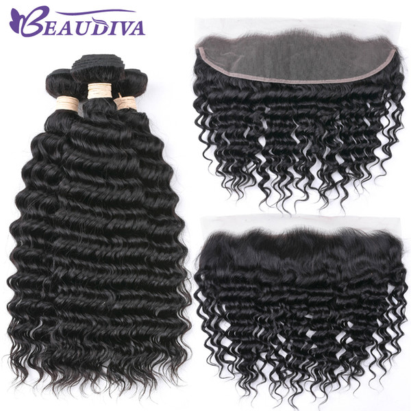 Malaysian Deep Wave Bundles with Frontal Closure Natural Unprocessed Virgin Human Hair Deep Curly Weave with Lace Frontal 