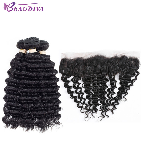 Peruvian Hair Bundles With Closure Deep Wave Unprocessed Virgin Human Hair Bundles 13 x 4 Lace Frontal Free Part 100% Human Hair Bundles