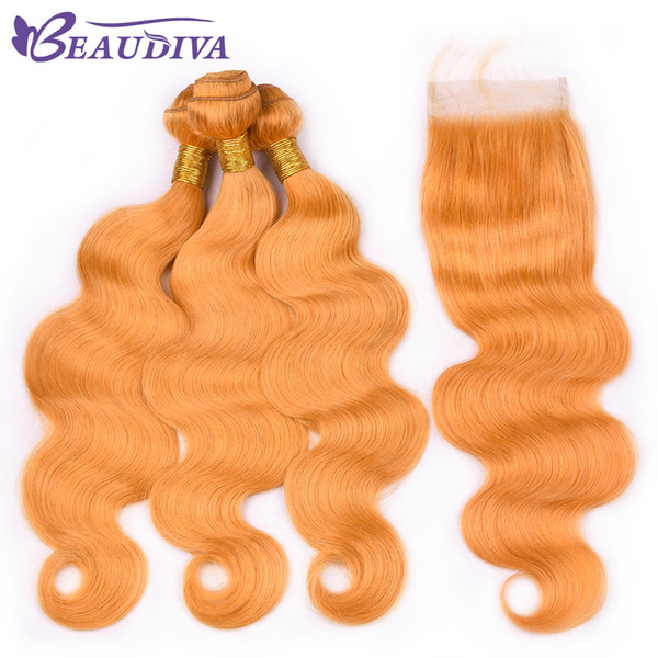 Beau Diva Yellow #144 Human Hair Bundles With Lace Closure Body Wave Brazilian Hair With Closure Remy Hair Bundles With Lace Closure