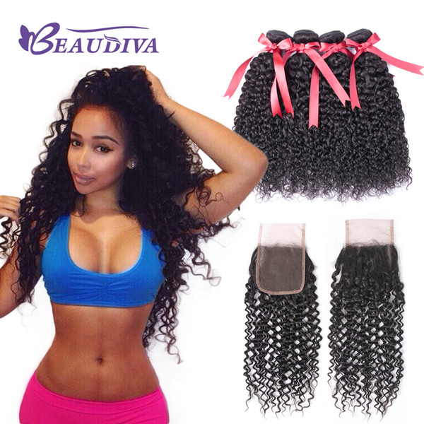 Malaysian Kinky Curly Human Hair 4 Bundles With Closure Free Part Malaysian Human Hair Bundles With Lace Closure Hair Extensions 4*4