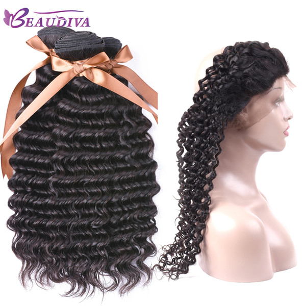 Beaudiva Malaysian Deep Wave 360 Lace Frontal Pre Plucked With 3 Bundles Human Hair Weave 100% Natural Color